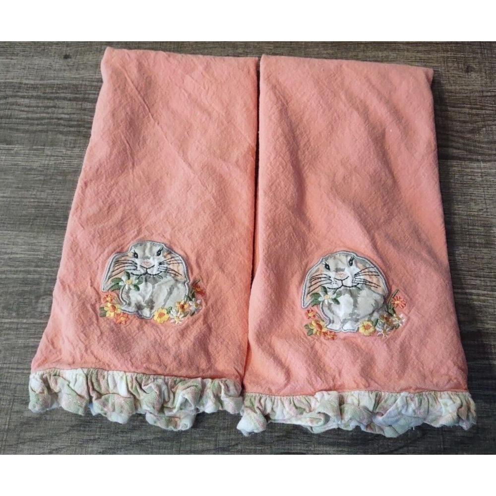 Set of 2 Kay Dee hand towel pink Spring bunny rabbit Easter ruffle pastel floral